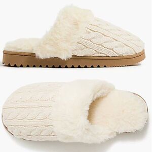 J Crew Women's Wool Cable Knit Scuff Slippers Faux Fur Lining Cream Size 7